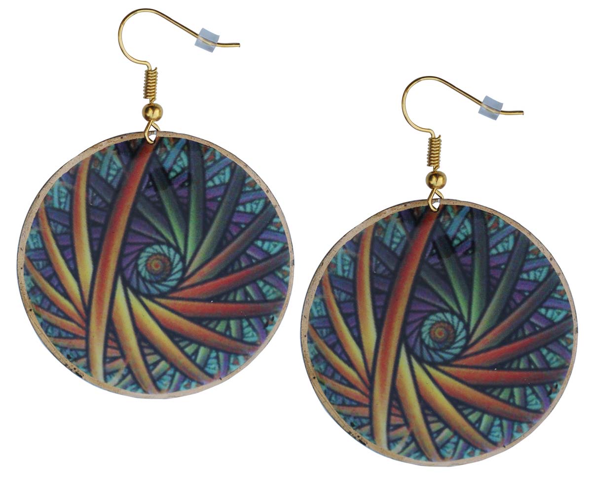 2.5” Round Brass Hook Earrings in Blue Orange Abstract Pattern - Drop Earrings / Accessories for Her - Buy in Bulk Wholesale